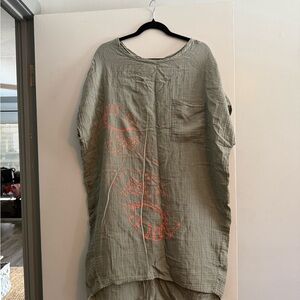 Olive Green Midi Dress with Coral Accents